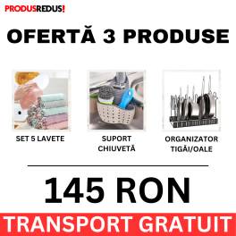 Pachet ingrijire: set 5 lavete bucatarie, suport chiuveta pentru bureti, suport tigai,capace,oale