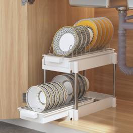 Scurgător de vase cu 2 niveluri, sistem de glisare și scurgere a apei, 38 x 20 x 31 cm, alb