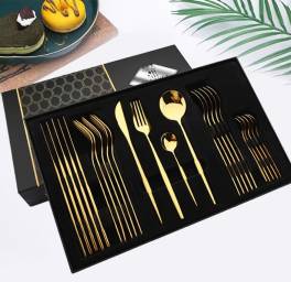 Set de tacamuri inox 24 piese 6 persoane culoare auriu