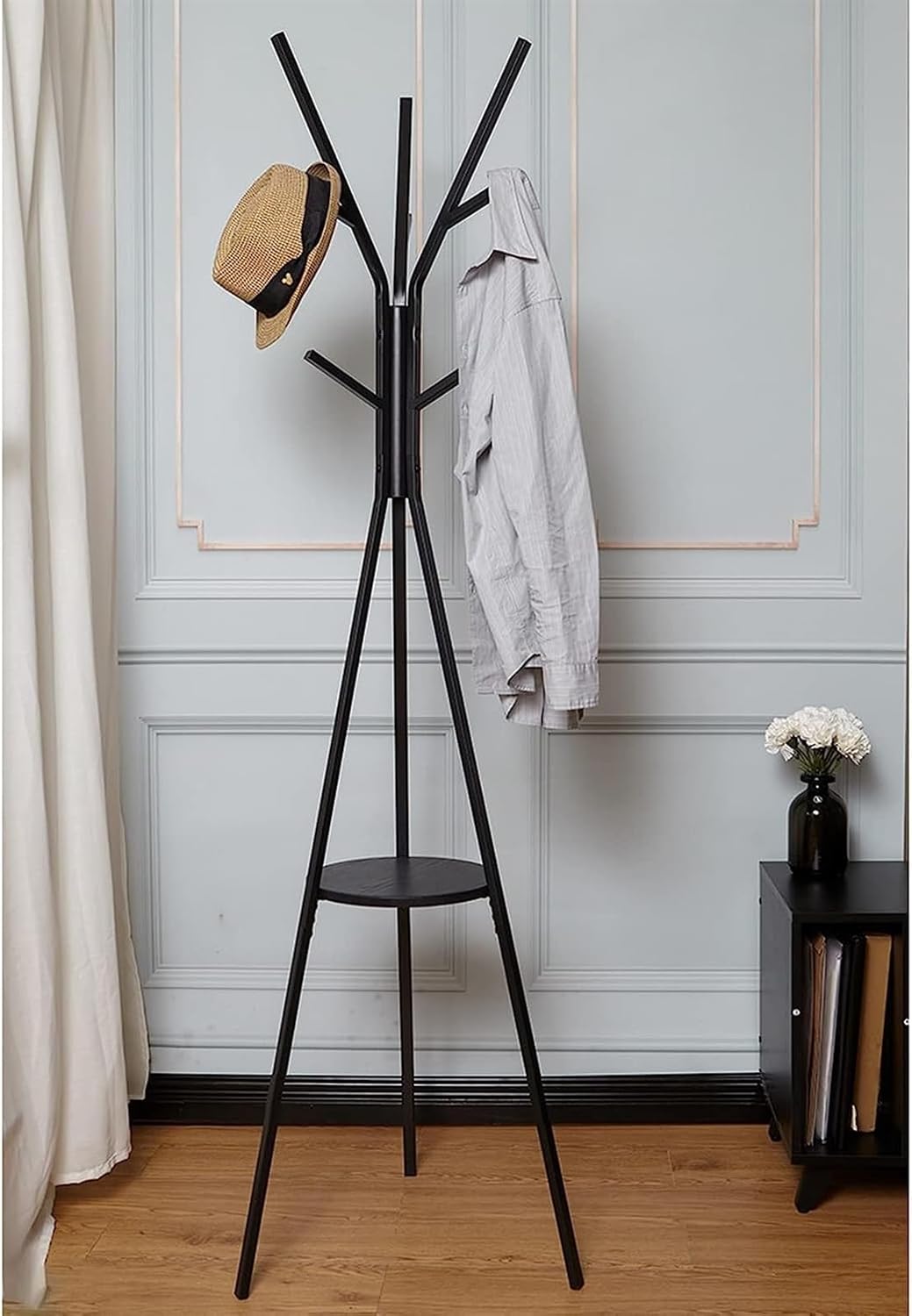 Cuier haine cu suport din lemn, 9 c&acirc;rlige, oțel carbon, 180 x 45 cm, negru