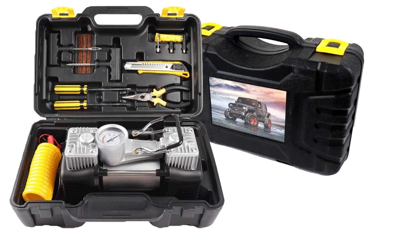 Kit pentru reparații auto: compresor 12v cu 2 cilindri și set complet cu 7 accesorii