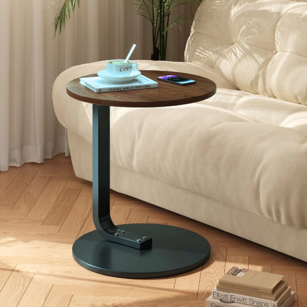 Măsuță rotundă pentru cafea, din mdf și metal, 50 x 60 cm, maro și negru.