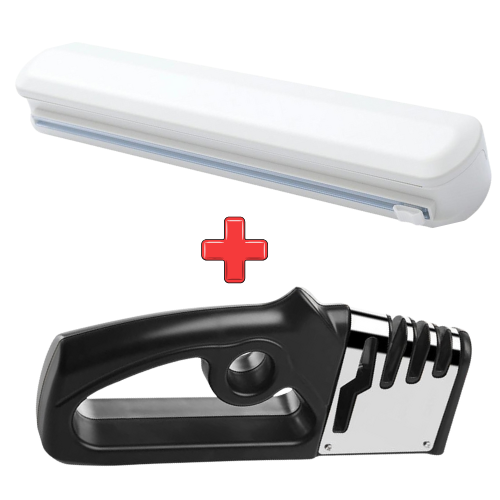 Pachet dispenser pentru folie alimentară cu lamă de tăiere + aparat pentru ascuțit cuțite și foarfece 4 &icirc;n 1