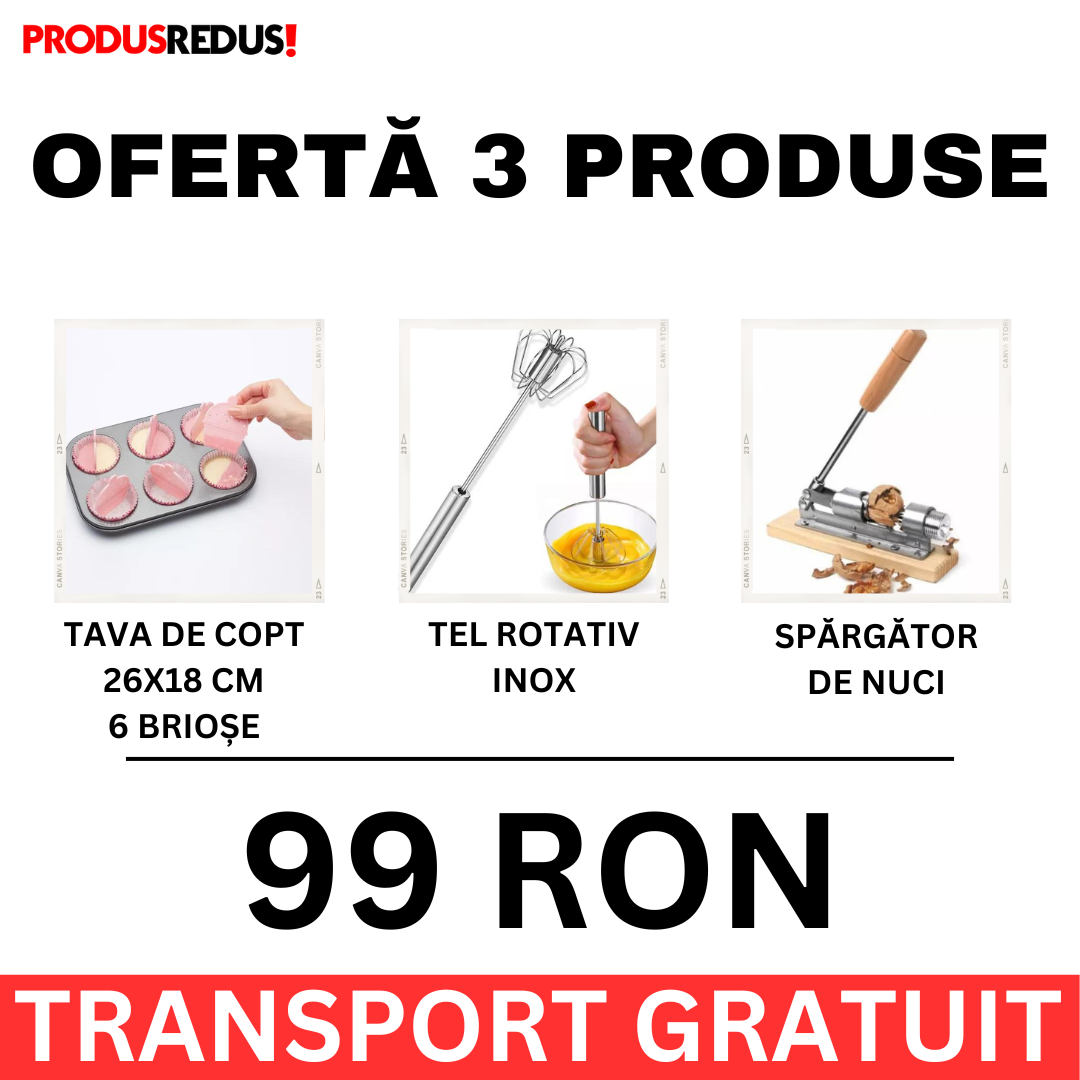 Pachet prajituri perfecte: tava de copt briose,tel rotativ, dispozitiv de spart nuci