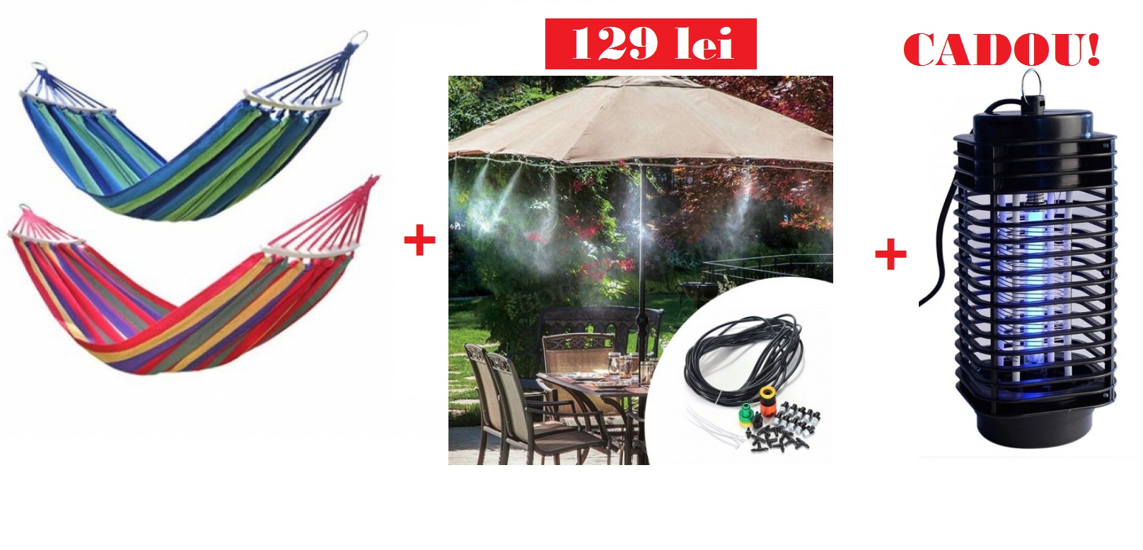 Pachet promotional !hamac colorat cu bara de lemn si kit pentru racit terasa 15 m + aparat impotriva insectelor cadou!