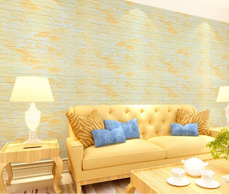 Set 10 buc tapet autoadeziv din spuma moale ,70x77 cm ,model caramida galben + alb