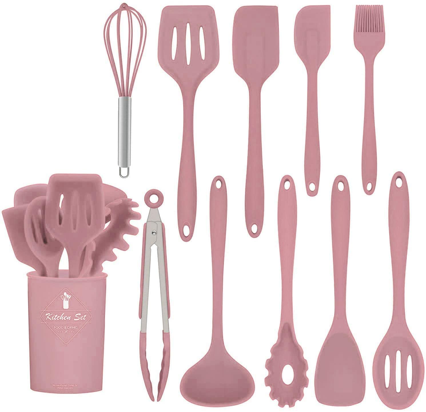 Set 11 ustensile de bucatarie, antiaderente, silicon, maner din lemn