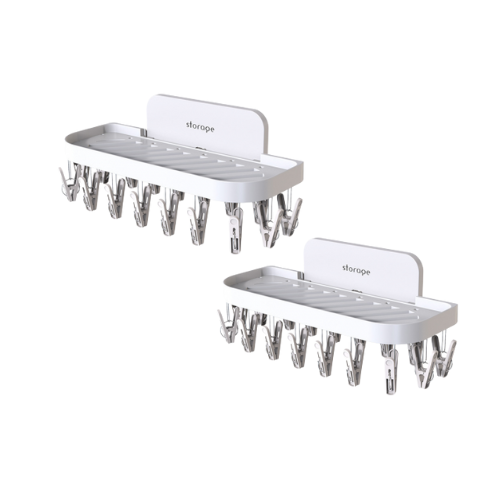 Set 2 suporturi autoadezive pliabile pentru baie, 17 cleme, 36 x 15 x 14.5 cm, alb