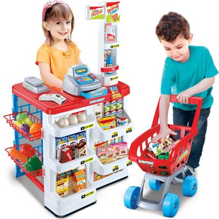 Set de joaca supermarket cu carucior soda toys, 24 piese, casa de marcat, accesorii, sunete si lumini