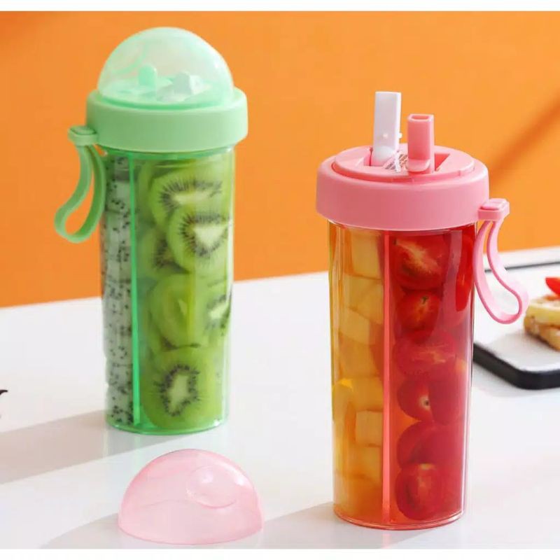 Sticla cu 2 compartimente si 2 paie pentru bauturi, 400 ml 