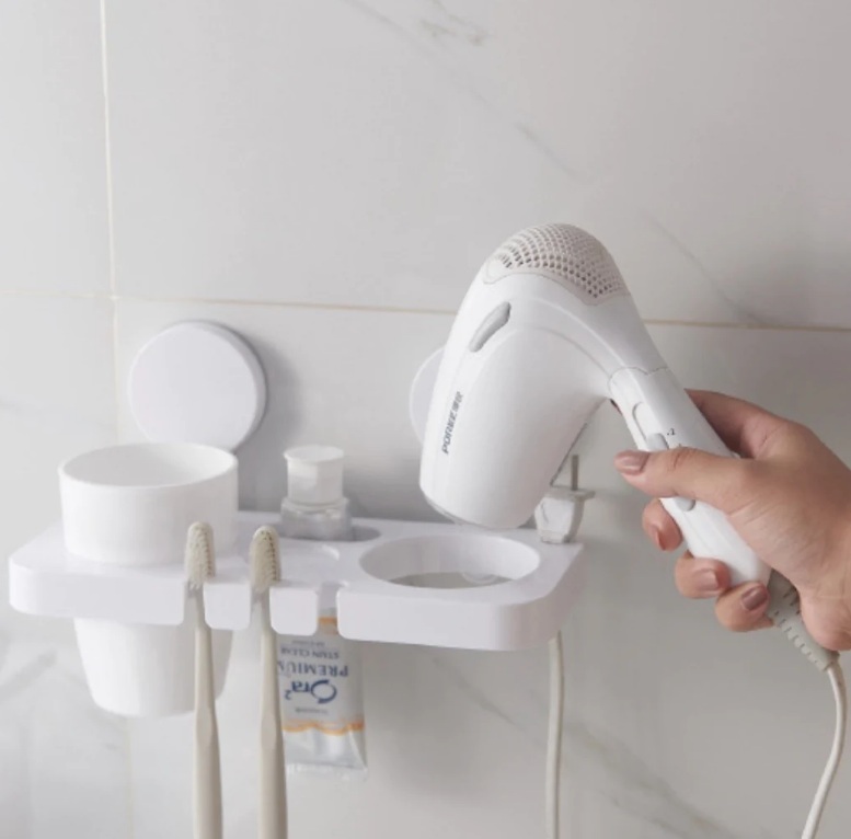 Suport baie pentru uscatorul de par, periute de dinti si pahar