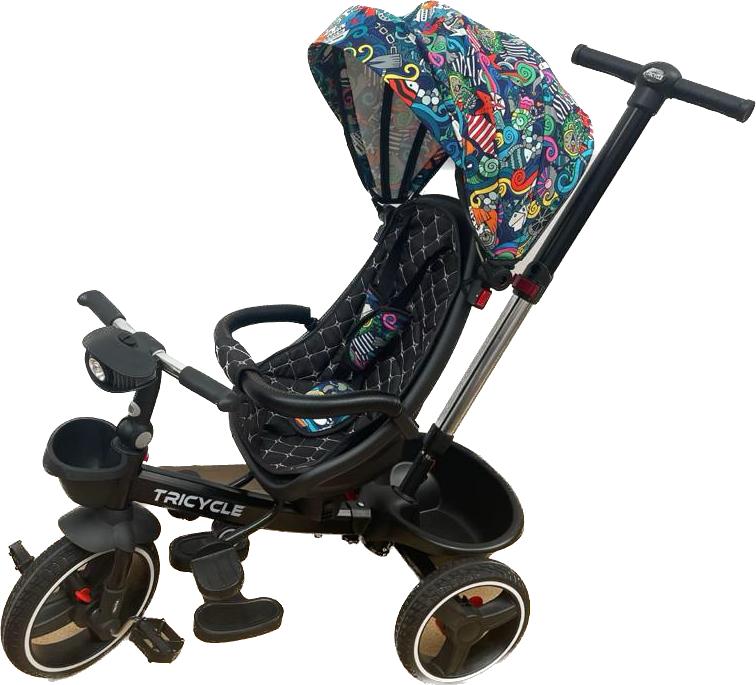 Tricicleta cu pozitie de somn, scaun reversibil, 8-36 luni cu 2 cosulete culoare negru/colorat